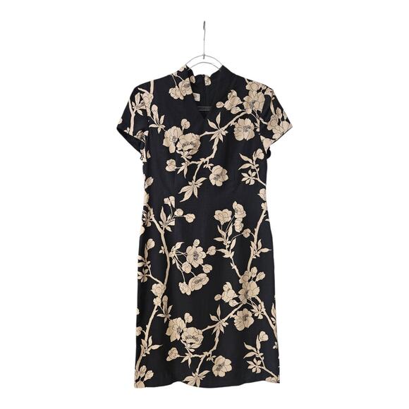 Talbots SIZE PETITE 4 Dress 100% Silk Black Tan Floral V-Neck Short Cap Sleeves - Picture 1 of 11
